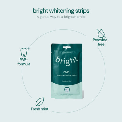 Bright whitening strips benefits: PAP+ formula, peroxide-free, fresh mint