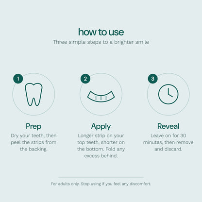 How to use Bright: 1 Prep, dry your teeth and peel the strips from the backing. 2 Apply, longer strip on top teeth, shorter on the bottom, fold any excess behind. 3 Reveal, leave on for 30 minutes then remove and discard.