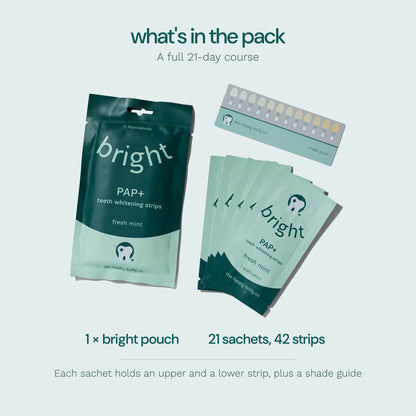 What's in the pack: 1 Bright pouch, 21 sachets with 42 strips, plus a shade guide