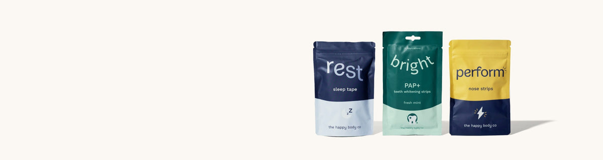 Rest sleep tape, Bright PAP+ teeth whitening strips and Perform nose strips by The Happy Body Co