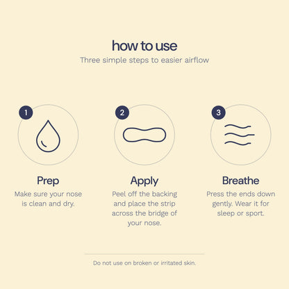 How to use Perform nose strips: 1 Prep, make sure your nose is clean and dry. 2 Apply, peel off the backing and place the strip across the bridge of your nose. 3 Breathe, press the ends down gently and wear it for sleep or sport.