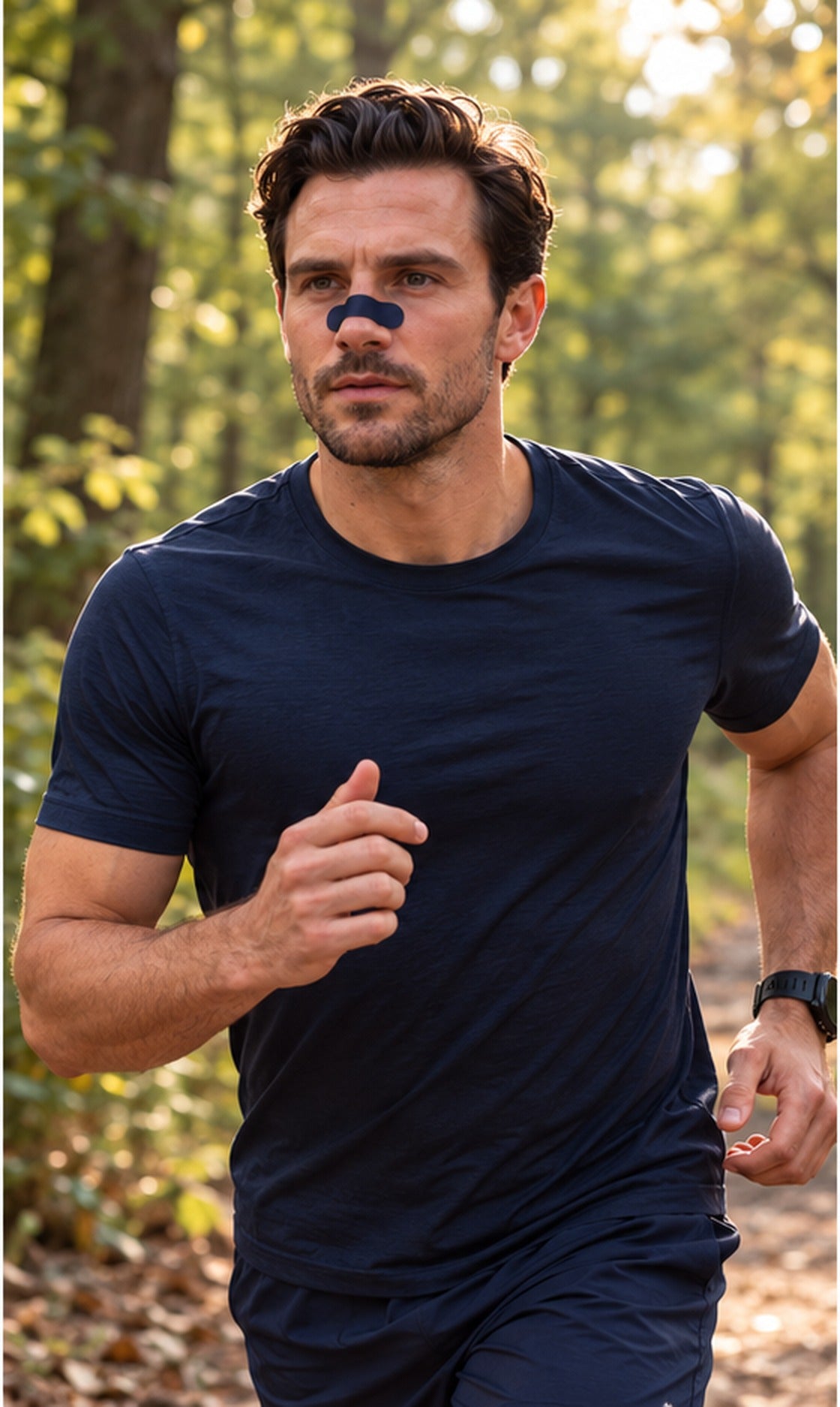 Man running outdoors wearing a Perform nose strip