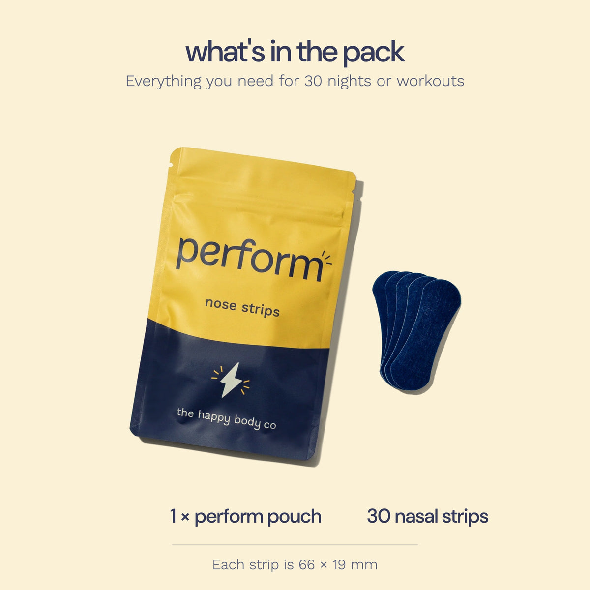 What's in the pack: 1 Perform pouch and 30 nasal strips, each 66 x 19 mm