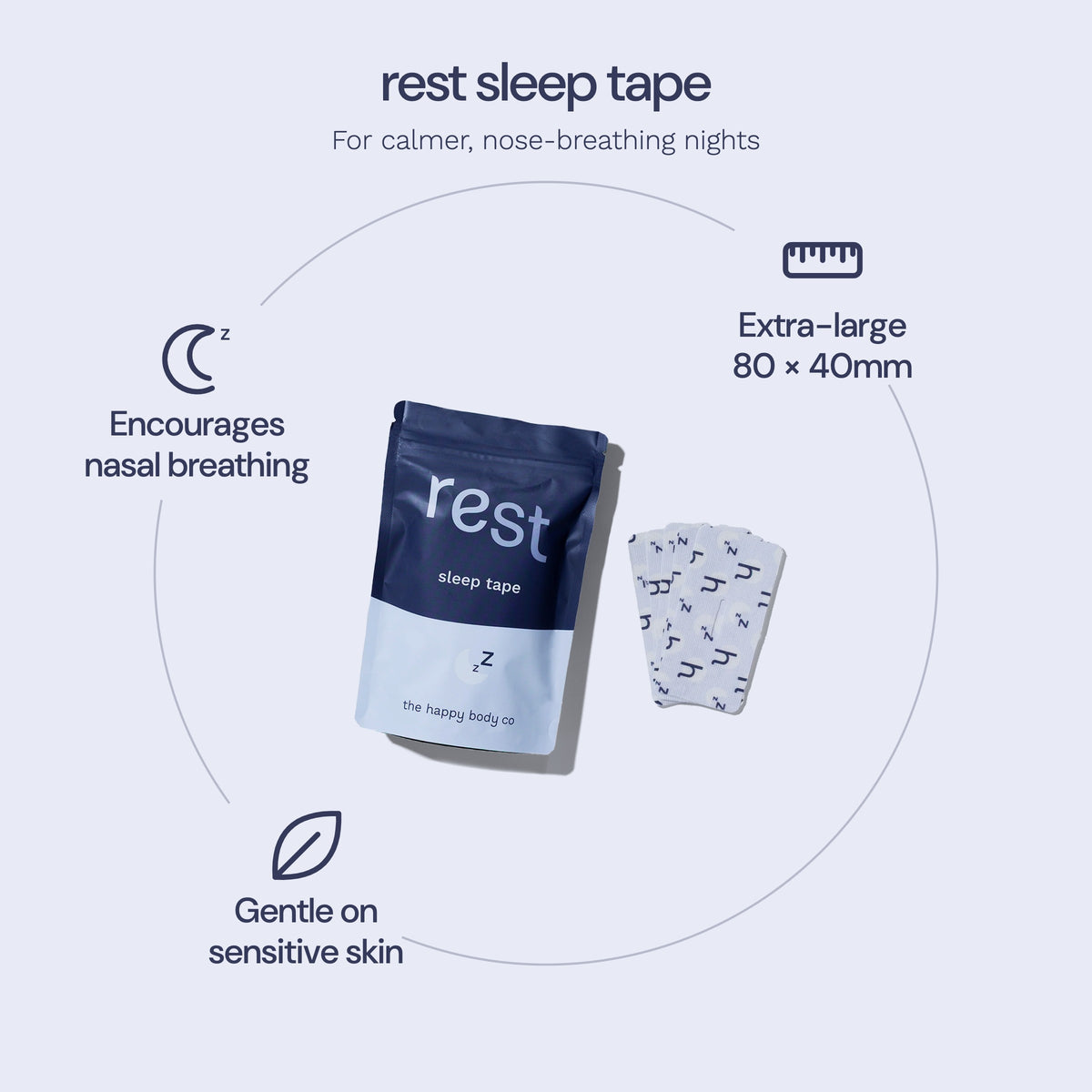 Rest sleep tape benefits: encourages nasal breathing, extra-large 80 x 40mm, gentle on sensitive skin
