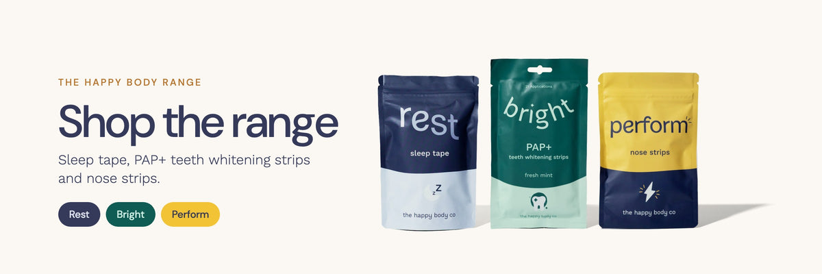 The full Happy Body Co range: Rest sleep tape, Bright PAP+ teeth whitening strips and Perform nose strips